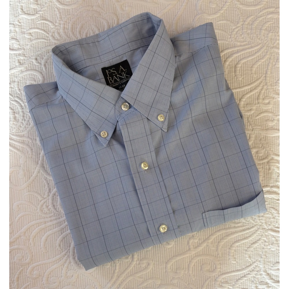 Jos A Bank Traveler Collection Tailored Fit Blue Windowpane Dress Shirt 17-33‎